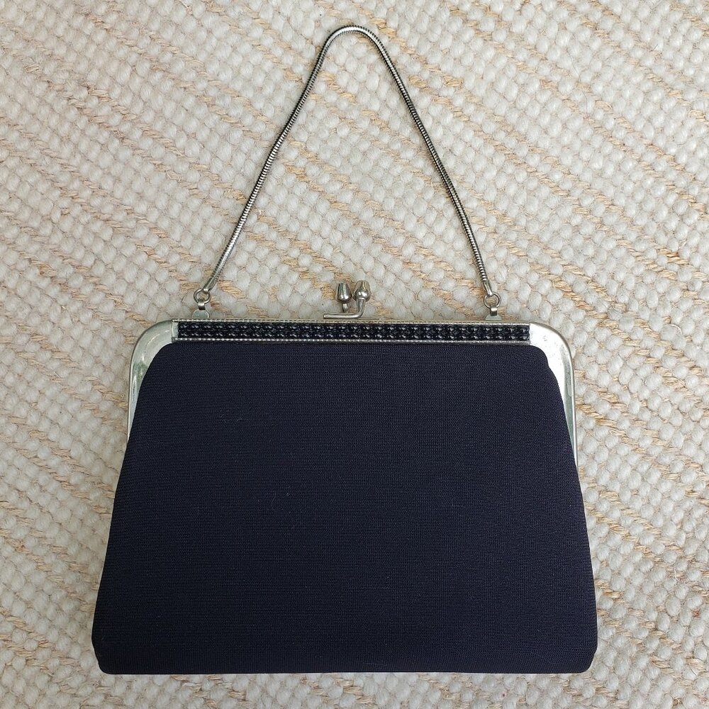 Vintage black mini clutch with metallic strap